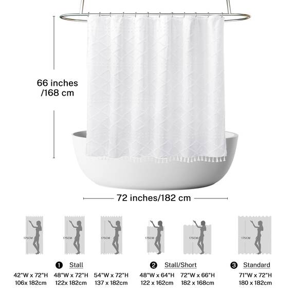 Extra langer weißer strukturierter gewebter Stoff Boho-Duschvorhang mit Quasten, 182,8 x 167,6 cm (72 x 66 Zoll), moderner Landhausstil, minimalistisch, getuftet, Chevron, gestreift, Shabby-Chic