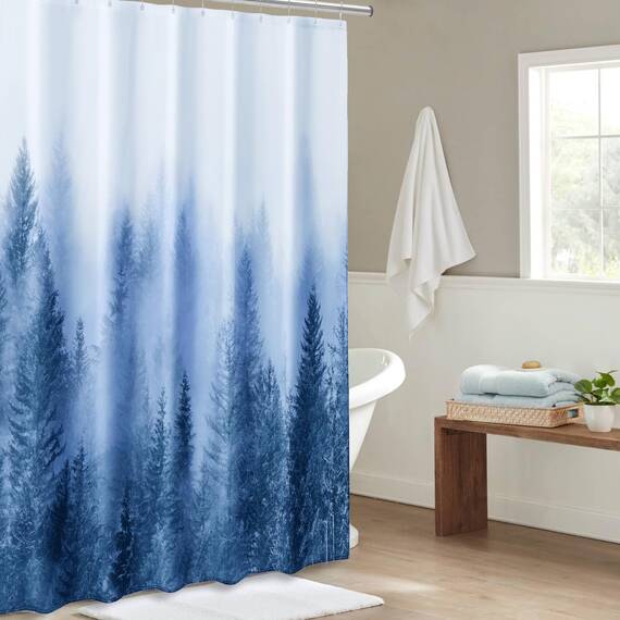 ORTIGIA Duschvorhang für Badezimmer, Naturwald, Duschvorhang-Set mit Haken, dekorativer Kiefernbaum, Nebel, magischer Badvorhang, wasserdichter Stoff, gewichtet, 183 x 213 cm, Blau