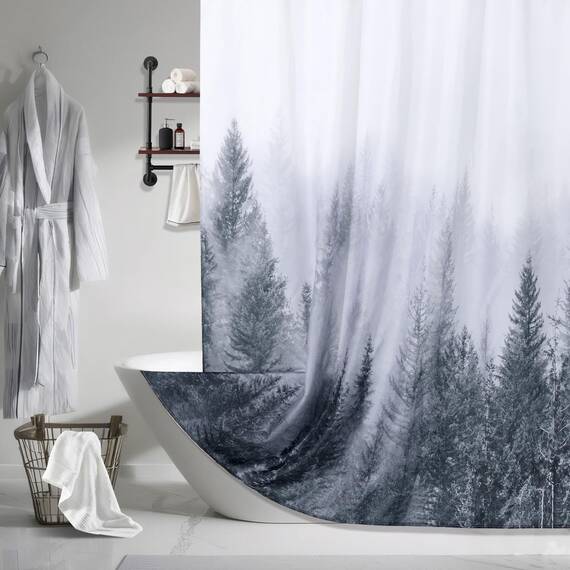 ORTIGIA Grauer Duschvorhang für Badezimmer, Nebelwald, Duschvorhang-Set mit rostfreien Haken, dekorativer Kiefernbaum, Nebel, magischer Badvorhang für Zuhause, wasserdichter Stoff, gewichtet, 183 x
