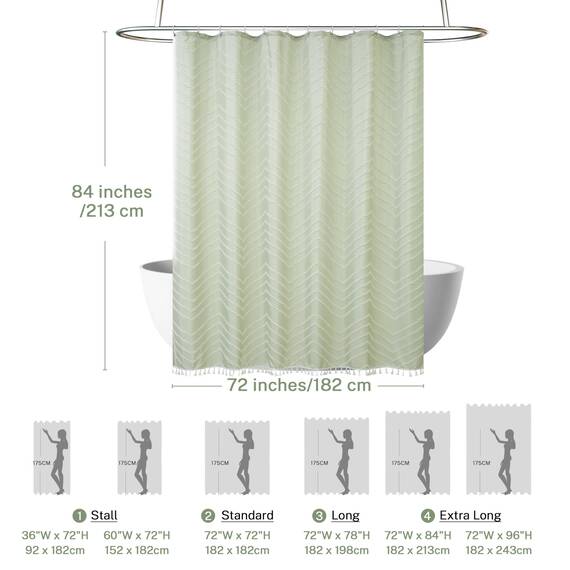 Siiluminisoy Extra langer Boho-Duschvorhang mit weißer Quaste, gewebter Stoff, 213,4 cm, getufteter Chevron-Streifen, 183,4 x 213,4 cm, modern, schick, strukturiert, minimalistisch, Badezimmer-Dusche