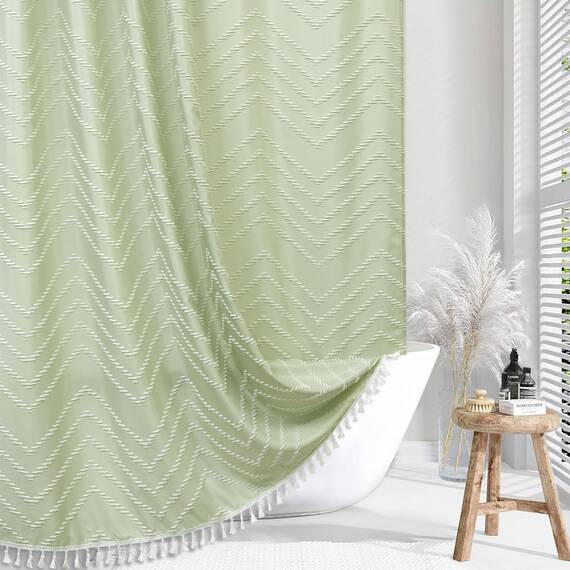 Siiluminisoy Extra langer Boho-Duschvorhang mit weißer Quaste, gewebter Stoff, 213,4 cm, getufteter Chevron-Streifen, 183,4 x 213,4 cm, modern, schick, strukturiert, minimalistisch, Badezimmer-Dusche