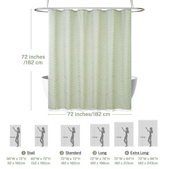 Siiluminisoy Bohemian Duschvorhang mit weißen Quasten, salbeigrün, 183 x 183 cm, modernes Bauernhaus, strukturiert, Zickzackmuster, Streifen, minimalistisch, Duschvorhang-Set mit