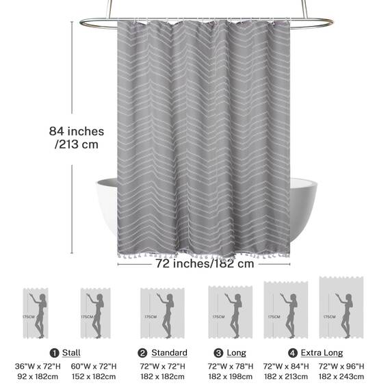Siiluminisoy Extra langer grauer Boho-Duschvorhang mit Quaste, gewebter Stoff, 213,4 cm, getufteter Chevron-Streifen, 183,4 x 213,4 cm, modern, schick, strukturiert, minimalistisch, Badezimmer-Dusche