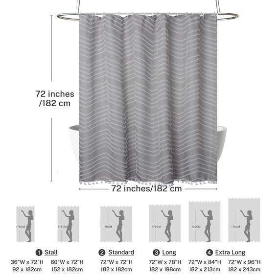 Siiluminisoy Boho Duschvorhang mit Quaste, gewebter Stoff, grau, 72 x 72 cm, modern, Bauernhaus, strukturiert, getuftet, Chevron, gestreift, minimalistisch, Badezimmer-Duschvorhang-Set mit Haken