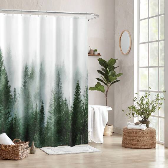 ORTIGIA Duschvorhang, Motiv: grüner Nebelwald, Natur-Duschvorhang, Waldduschvorhang, Fantasy-Nebel, magischer Baum, Badvorhang für Badezimmer, wasserdichtes Polyestergewebe, 183 x 182 cm (B x L)