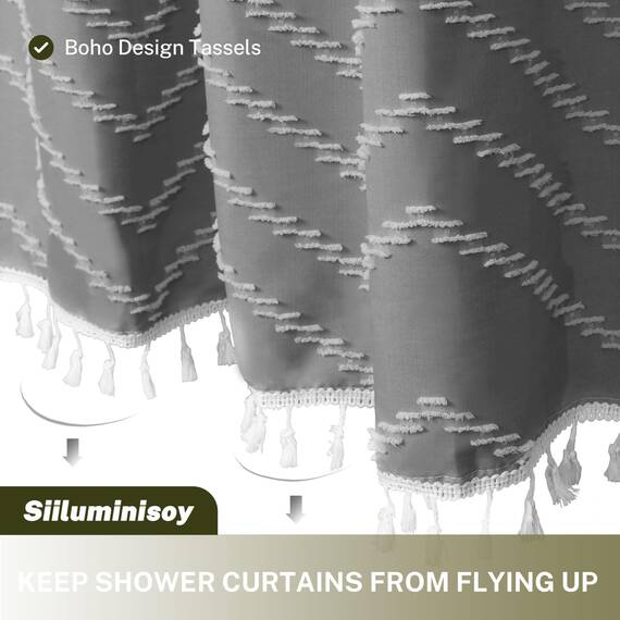Siiluminisoy Extra langer grauer Boho-Duschvorhang mit Quaste, gewebter Stoff, 213,4 cm, getufteter Chevron-Streifen, 183,4 x 213,4 cm, modern, schick, strukturiert, minimalistisch, Badezimmer-Dusche