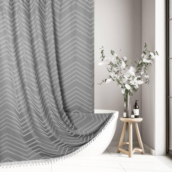 Siiluminisoy Boho Duschvorhang mit Quaste, gewebter Stoff, grau, 72 x 72 cm, modern, Bauernhaus, strukturiert, getuftet, Chevron, gestreift, minimalistisch, Badezimmer-Duschvorhang-Set mit Haken