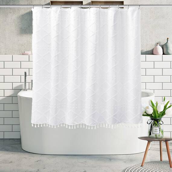 Extra langer weißer strukturierter gewebter Stoff Boho-Duschvorhang mit Quasten, 182,8 x 167,6 cm (72 x 66 Zoll), moderner Landhausstil, minimalistisch, getuftet, Chevron, gestreift, Shabby-Chic