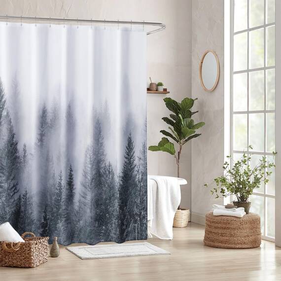 ORTIGIA Grauer Duschvorhang für Badezimmer, Nebelwald, Duschvorhang-Set mit rostfreien Haken, dekorativer Kiefernbaum, Nebel, magischer Badvorhang für Zuhause, wasserdichter Stoff, gewichtet, 183 x