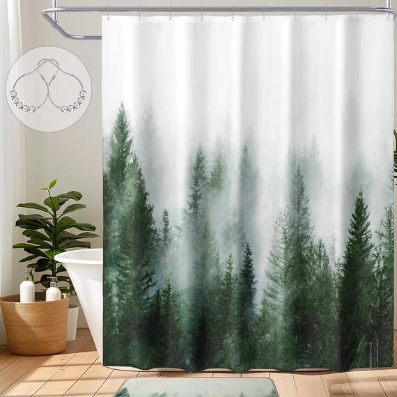 ORTIGIA Duschvorhang, Motiv: grüner Nebelwald, Natur-Duschvorhang, Waldduschvorhang, Fantasy-Nebel, magischer Baum, Badvorhang für Badezimmer, wasserdichtes Polyestergewebe, 183 x 182 cm (B x L)