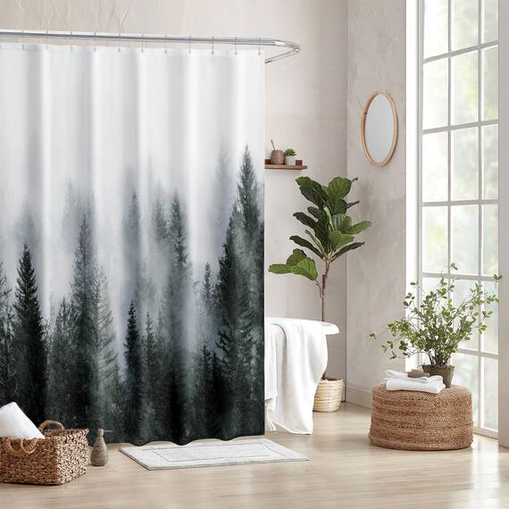 ORTIGIA Duschvorhang, Motiv: Nebelwald, Natur, Wald, Fantasie, Nebel, magischer Baum, Badvorhang für Badezimmer, Herbst-Duschvorhang, wasserdichter Polyester-Stoff, 183 cm B x L mit Haken