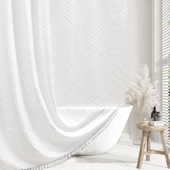 Siiluminisoy Weißer Boho-Duschvorhangstoff, 182,9 x 182,9 cm, weißer Stoff-Duschvorhang mit 12 C-Haken, elegant, niedlich, strukturiert, Badezimmer-Duschvorhänge, Boho-Chic