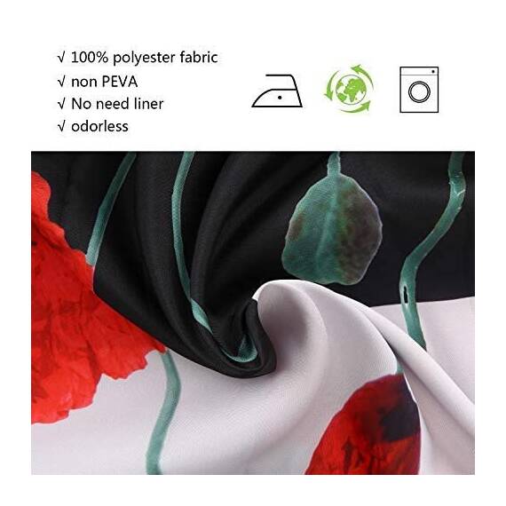 Duschvorhang mit Blumenmuster – gestreifter Mohnblumen-Duschvorhang, schwarz-weiß gestreiftes Duschvorhänge-Set mit Haken, rot und weiß, Duschvorhänge für Badezimmer, 183 cm B x 183 cm H