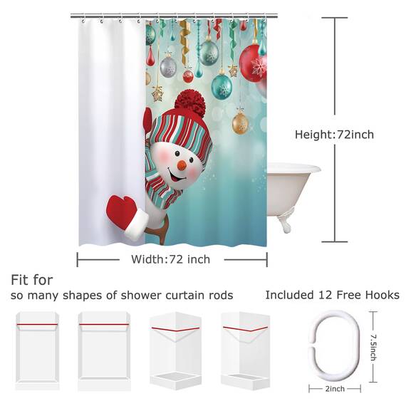 Stacy Fay Duschvorhang Happy Snowman Peekaboo and Balls Winter Holiday Merry Christmas Wasserdicht Polyester Stoff Badvorhang 177 cm mit Haken