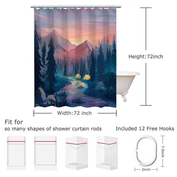 RosieLily Trippy Duschvorhang-Set, Motiv: Bergwald, cooler Baum, Badezimmer-Dekoration, 183 x 183 cm