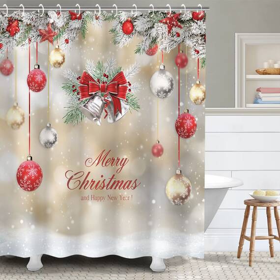 RosieLily Weihnachts-Duschvorhänge für Badezimmer, Weihnachten, Duschvorhänge, roter Weihnachtsstoff, Badezimmer-Set mit Haken, rote silberne Kugeln, Frohe Weihnachten, Urlaub, 182.9 cm Bx182.9 cm H