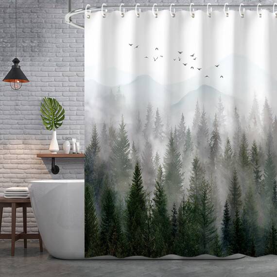 RosieLily Duschvorhang mit Haken in den Bergen, nebeliger Wald, Baum, für Badezimmer Haken, coole Naturlandschaft, Badewannen-Dekoration, 183 cm, Design Kunst, Duschvorhang, wasserdichter Stoff