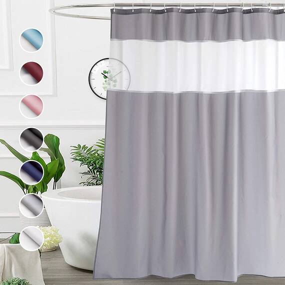 UFRIDAY XLong Duschvorhang, 243,8 cm, hellgrau und weiß, Stoff-Duschvorhang für Badezimmer mit Netzfenster, beschwerter Saum, maschinenwaschbar, extra lang, 183,8 x 244,8 cm