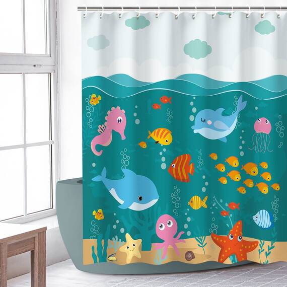 RosieLily Kinder-Duschvorhang mit Fischen, Ozean-Tier-Duschvorhang mit Delfin und Quallen, wasserdichter Stoff mit 12 Haken, 72 B x 72 H