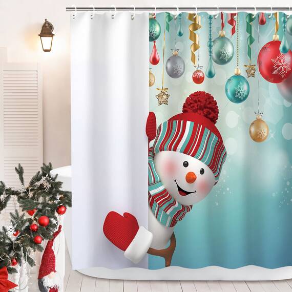 Stacy Fay Duschvorhang Happy Snowman Peekaboo and Balls Winter Holiday Merry Christmas Wasserdicht Polyester Stoff Badvorhang 177 cm mit Haken