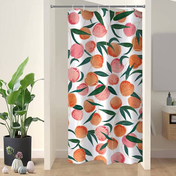 Lifeel Pfirsichfarbener Duschvorhang, Allover-Früchte, niedliches, farbenfrohes Design, wasserdichter Stoff, Badezimmer-Vorhänge-Set mit 12 Haken, pfirsichrosa 91,4 x 183,9 cm
