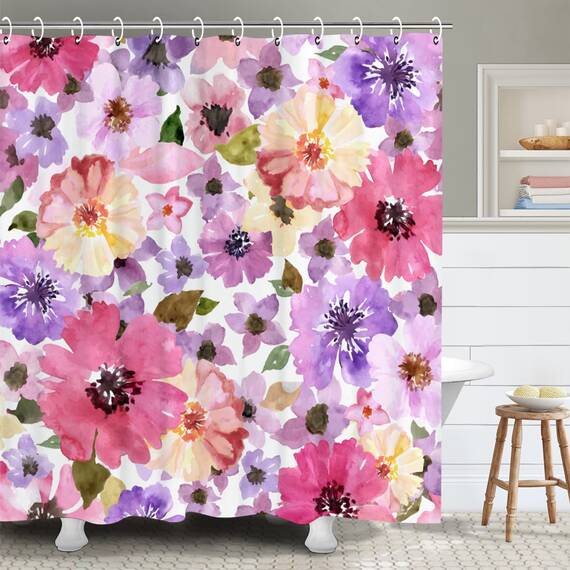 RosieLily Duschvorhang mit Blumenmuster für Badezimmer, Aquarell-Rosa und Violett, mit Haken, hübsche Badezimmer-Dekoration, 183 x 198 cm (B x H)