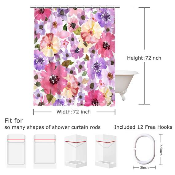 RosieLily Duschvorhang mit Blumenmuster für Badezimmer, Aquarell-Rosa und Violett, mit Haken, hübsche Badezimmer-Dekoration, 183 x 198 cm (B x H)