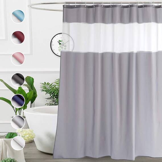 UFRIDAY Grauer Duschvorhang, 183 x 180 cm, Stoff, Badezimmer-Vorhang mit Netzfenster-Design, beschwerter Saum, wasserabweisend, maschinenwaschbar