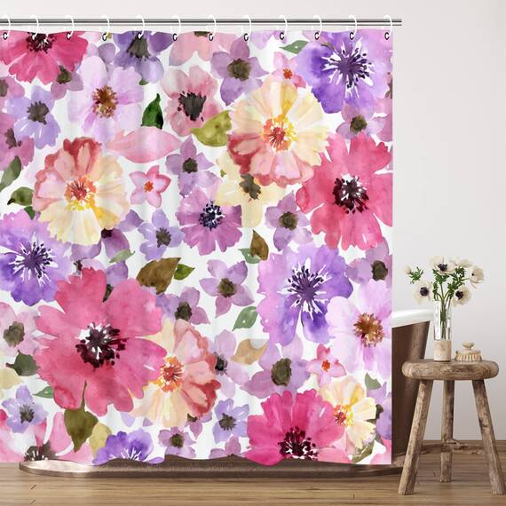 RosieLily Duschvorhang mit Blumenmuster für Badezimmer, Aquarell-Rosa und Violett, mit Haken, hübsche Badezimmer-Dekoration, 183 x 198 cm (B x H)