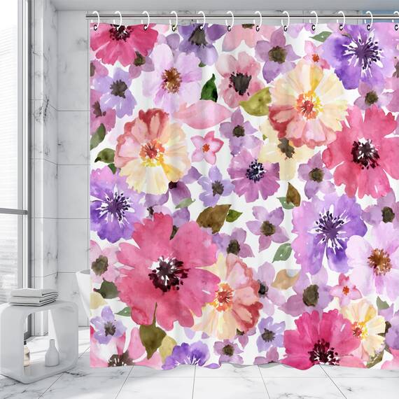 RosieLily Duschvorhang mit Blumenmuster für Badezimmer, Aquarell-Rosa und Violett, mit Haken, hübsche Badezimmer-Dekoration, 183 x 198 cm (B x H)