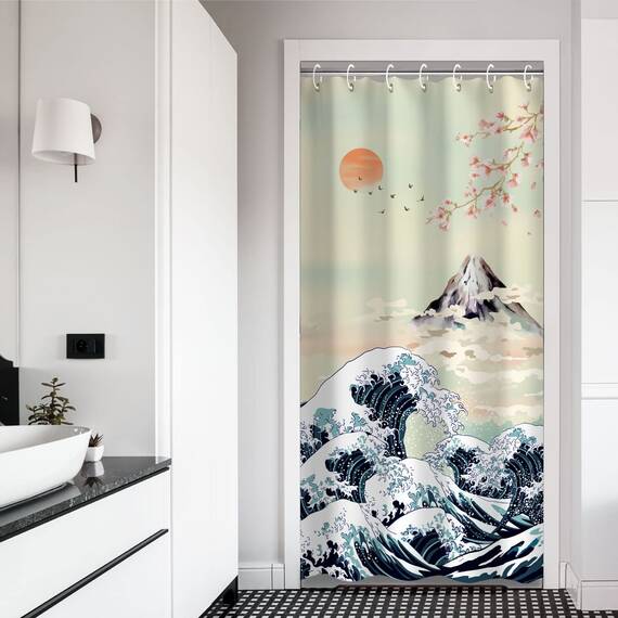 RosieLily Stall Duschvorhang, 91,4 x 182,9 cm, kleine Anime, japanische Welle, coole Kunst, Duschvorhanghaken, Berg-Sonnenuntergang, Duschvorhänge für Badezimmer
