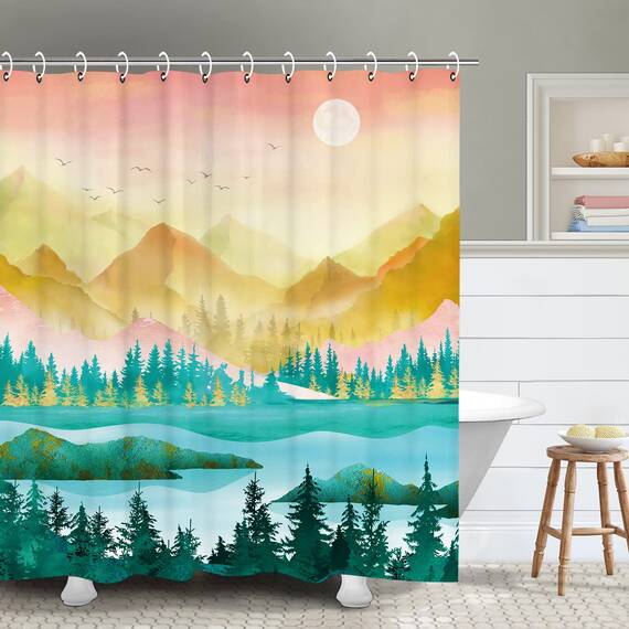 RosieLily Duschvorhänge, Motiv: Berg, Wald, warme Sonne, kühle Kunst, Mond, Naturlandschaft, Designs für Badezimmer, 183 x 183 cm (B x H)
