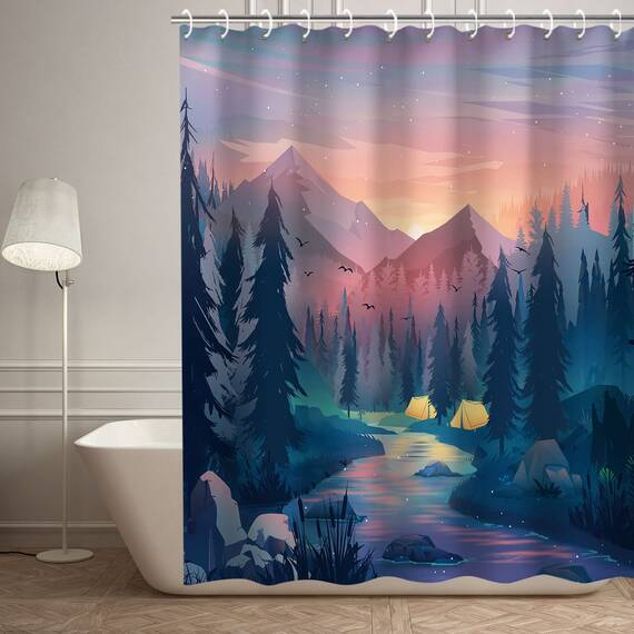 RosieLily Trippy Duschvorhang-Set, Motiv: Bergwald, cooler Baum, Badezimmer-Dekoration, 183 x 183 cm