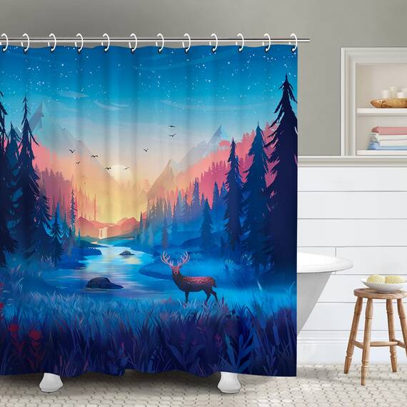 RosieLily Wald-Duschvorhang, Natur-Duschvorhänge-Set mit 12 Haken, Hirsch-Duschvorhang, Sonnenuntergang, Badezimmer-Dekor, 183 x 183 cm