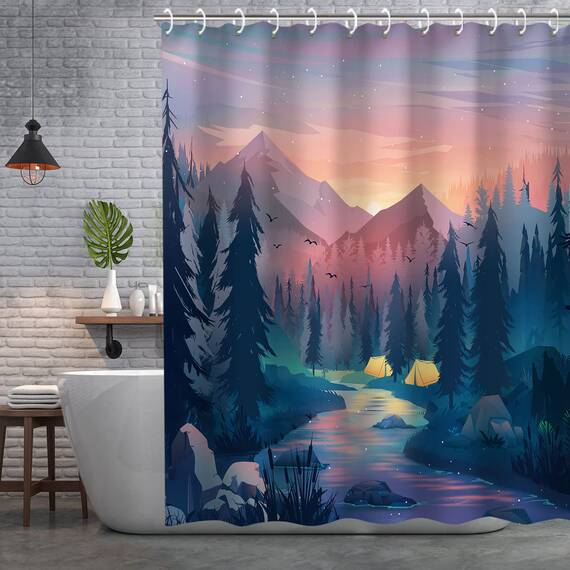 RosieLily Trippy Duschvorhang-Set, Motiv: Bergwald, cooler Baum, Badezimmer-Dekoration, 183 x 183 cm