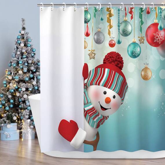 Stacy Fay Duschvorhang Happy Snowman Peekaboo and Balls Winter Holiday Merry Christmas Wasserdicht Polyester Stoff Badvorhang 177 cm mit Haken