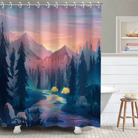 RosieLily Trippy Duschvorhang-Set, Motiv: Bergwald, cooler Baum, Badezimmer-Dekoration, 183 x 183 cm