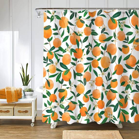 Lifeel Orange Duschvorhänge, Allover Fruits Duschvorhang Rund Zitrusmuster Design Wasserdicht Stoff Badezimmer Duschvorhang Set mit 12 Haken, Orange Grün