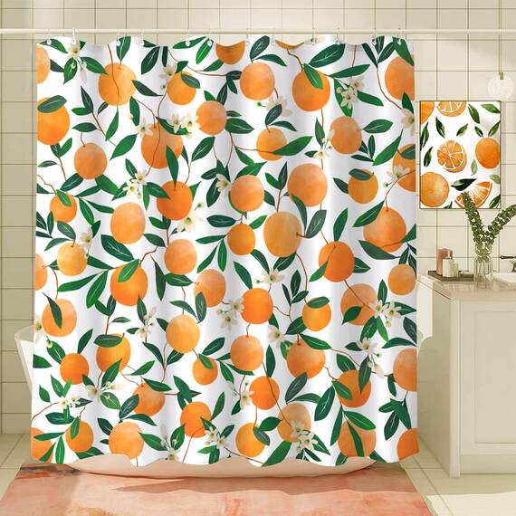 Lifeel Orange Duschvorhänge, Allover Fruits Duschvorhang Rund Zitrusmuster Design Wasserdicht Stoff Badezimmer Duschvorhang Set mit 12 Haken, Orange Grün