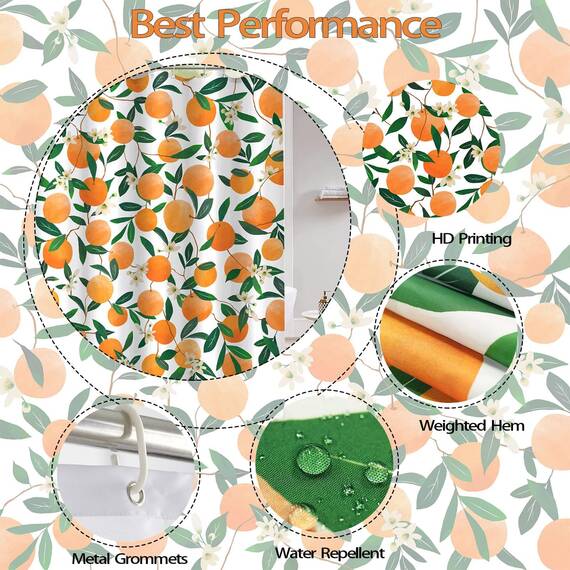 Lifeel Orange Duschvorhänge, Allover Fruits Duschvorhang Rund Zitrusmuster Design Wasserdicht Stoff Badezimmer Duschvorhang Set mit 12 Haken, Orange Grün