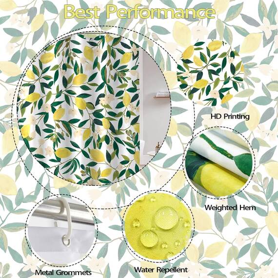 Lifeel Zitronen-Duschvorhang, Allover-Früchte, grüne Blätter, Pflanzendesign, wasserdichter Stoff, Badezimmer-Vorhänge-Set mit 12 Haken, Grün/Gelb, 183 x 183 cm