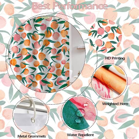 Lifeel Pfirsichfarbener Duschvorhang, Allover-Früchte, niedliches, farbenfrohes Design, wasserdichter Stoff, Badezimmer-Vorhänge-Set mit 12 Haken, pfirsichrosa 91,4 x 183,9 cm