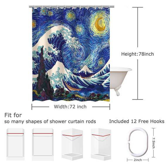 RosieLily Japanischer Duschvorhang, Wellen-Duschvorhang, Sternennacht-Duschvorhänge-Set mit 12 Haken, wasserdicht, Van Gogh-Duschvorhang, Dekoration, Anime, große Welle aus Kanagawa, 183x198 cm