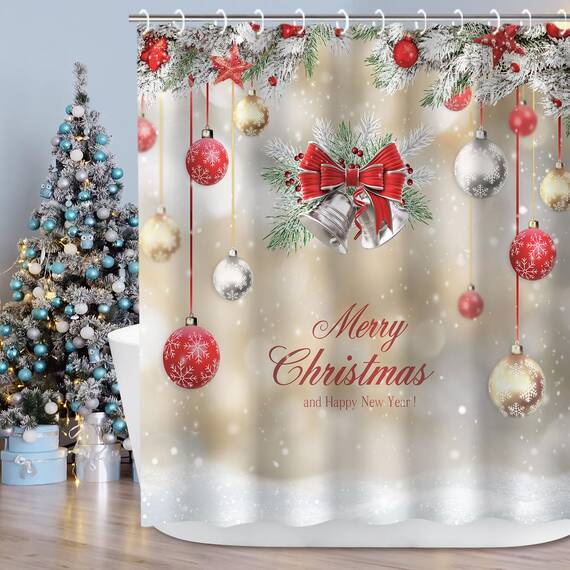 RosieLily Weihnachts-Duschvorhänge für Badezimmer, Weihnachten, Duschvorhänge, roter Weihnachtsstoff, Badezimmer-Set mit Haken, rote silberne Kugeln, Frohe Weihnachten, Urlaub, 182.9 cm Bx182.9 cm H