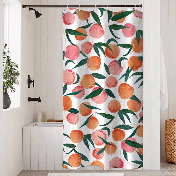 Lifeel Pfirsichfarbener Duschvorhang, Allover-Früchte, niedliches, farbenfrohes Design, wasserdichter Stoff, Badezimmer-Vorhänge-Set mit 12 Haken, pfirsichrosa 91,4 x 183,9 cm