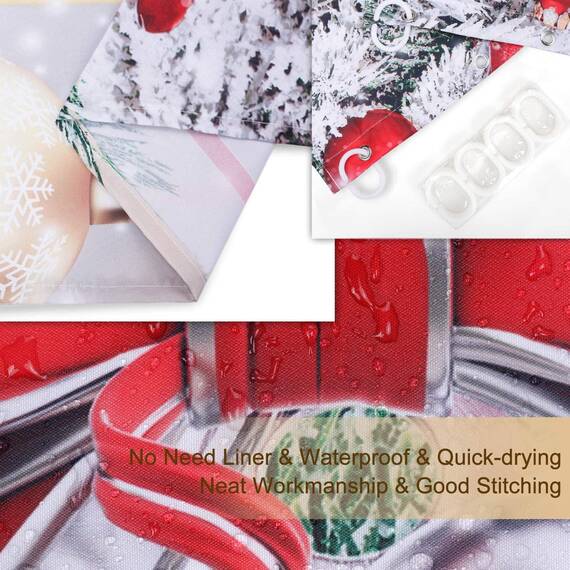RosieLily Weihnachts-Duschvorhänge für Badezimmer, Weihnachten, Duschvorhänge, roter Weihnachtsstoff, Badezimmer-Set mit Haken, rote silberne Kugeln, Frohe Weihnachten, Urlaub, 182.9 cm Bx182.9 cm H