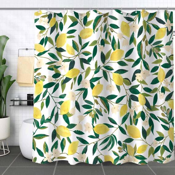 Lifeel Zitronen-Duschvorhang, Allover-Früchte, grüne Blätter, Pflanzendesign, wasserdichter Stoff, Badezimmer-Vorhänge-Set mit 12 Haken, Grün/Gelb, 183 x 183 cm
