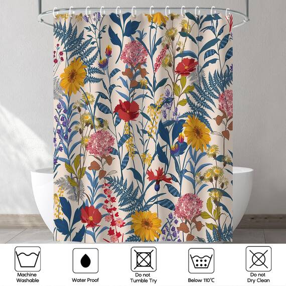 RosieLily Duschvorhang-Set mit 12 Haken, bunte Blumen und Blätter, Duschvorhang, Baddekoration, wasserdichter Stoff, Badezimmer-Vorhang, 183 cm B x 183 cm H