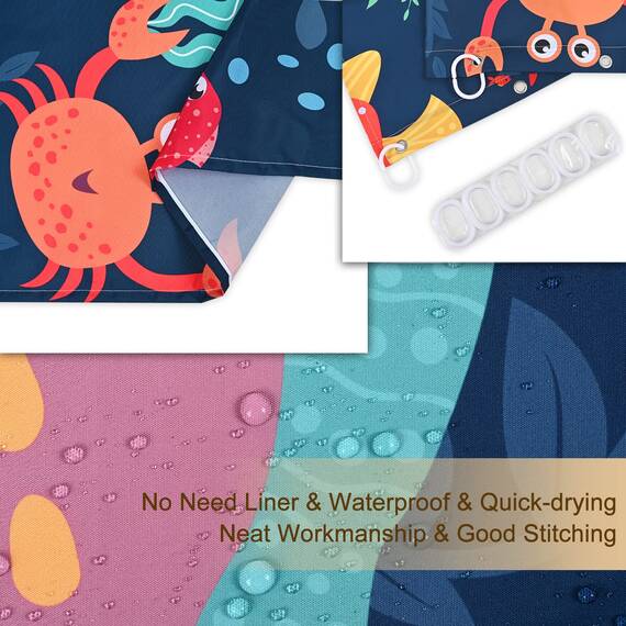 RosieLily Kinder-Duschvorhang für Badezimmer, Cartoon-Meeres-Ozean-Tier-Duschvorhang mit Delfin, Ozeanfisch-Duschvorhänge-Set mit 12 Haken, wasserdicht, cooler Duschvorhang, 183 cm B x 183 cm H