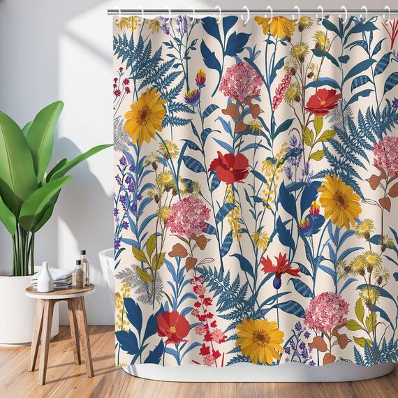 RosieLily Duschvorhang-Set mit 12 Haken, bunte Blumen und Blätter, Duschvorhang, Baddekoration, wasserdichter Stoff, Badezimmer-Vorhang, 183 cm B x 183 cm H